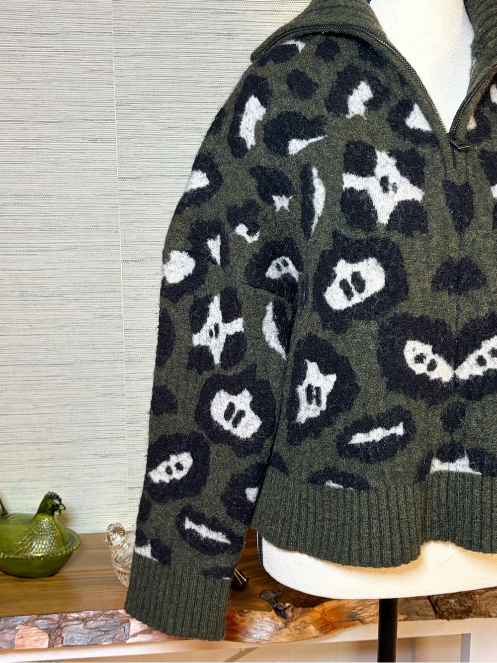 Zadig & Voltaire Taliah Leopard 1/4 Zip Sweater Green Wool Alpaca Blend Sz XS/S - Picture 3 of 5